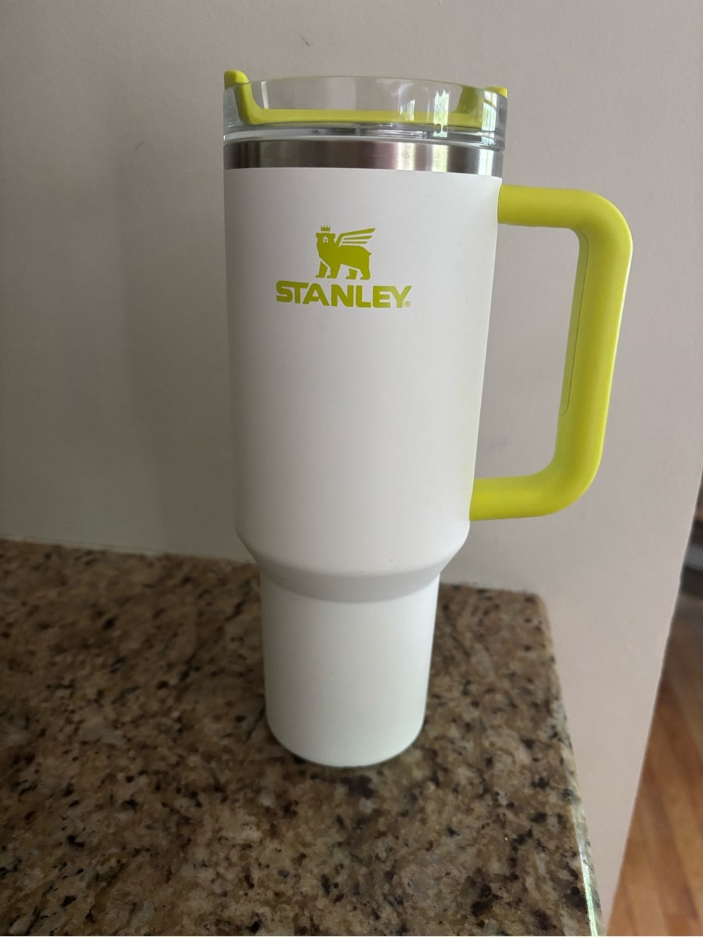 Stanley White Travel Tumbler with Yellow-Green Handle